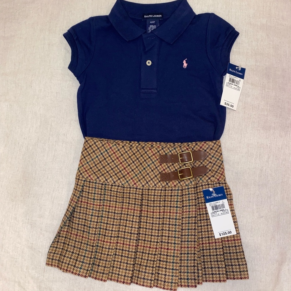NWT Ralph Lauren Girls Polo Top Shirt and Skirt Kilt size 4